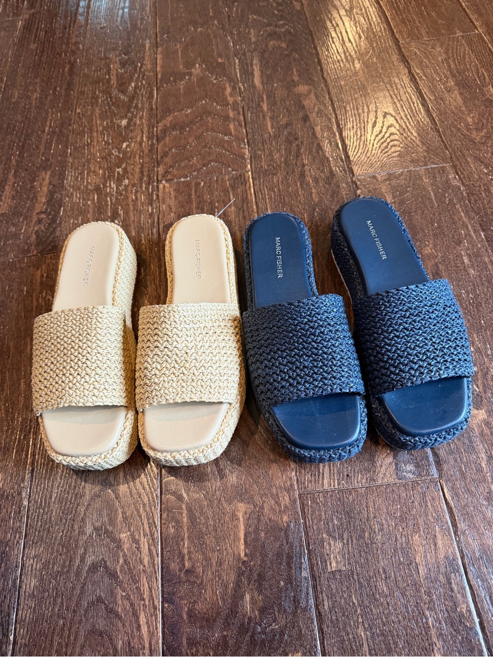 Marc Fisher Raffia Platform Slide Sandals Black & Natural 2-Pair Bundle 9.5